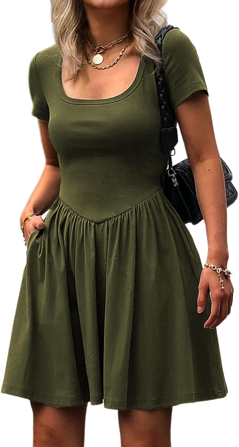 Women's Summer Casual Short Sleeve Mini Dress Square Neck A Line Pleated Swing Dresses Basic Short Dress with Pockets