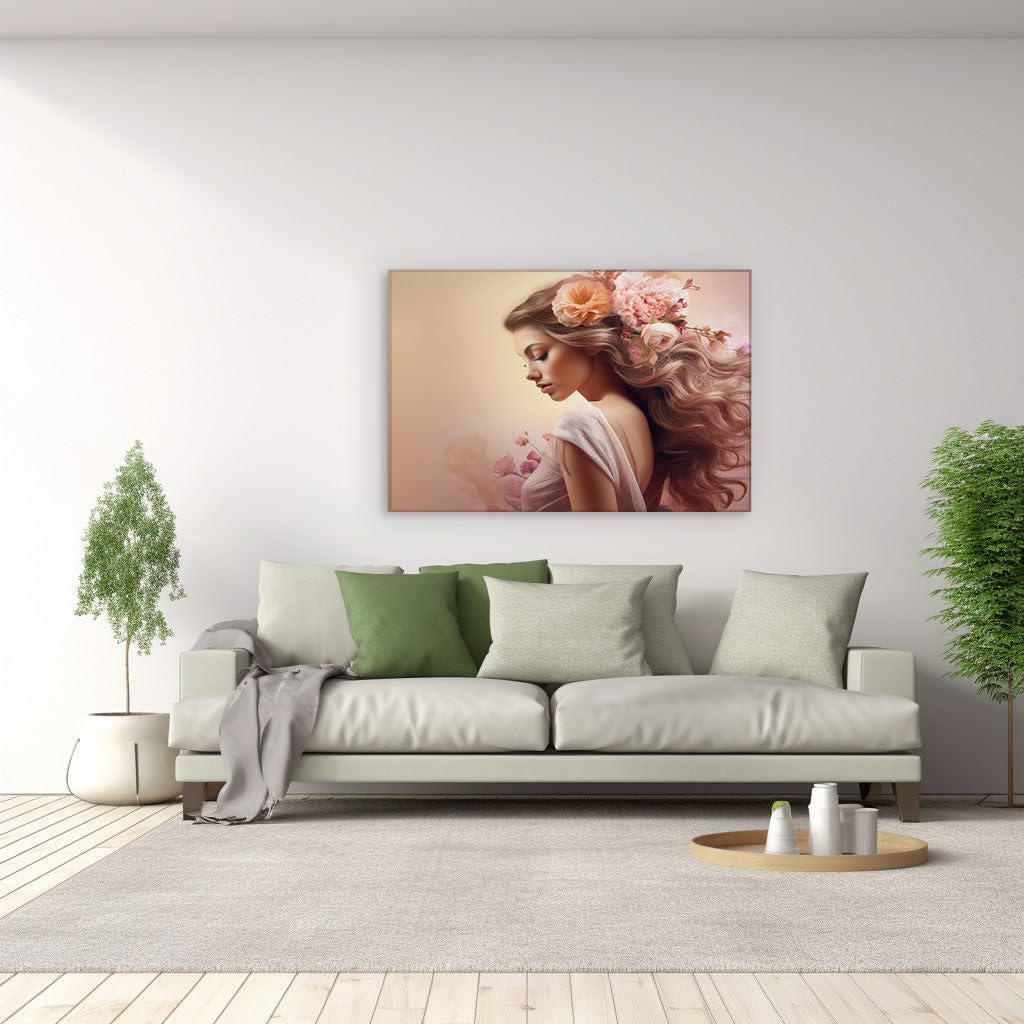 Canvas for Living room. Whispers of Serenity in a Floral Dream A Young Woman's Enigmatic Elegance Against a Sunset Hues Canvas, 27 x 18 inch Canvas Wall Art - Botanical Home Decor