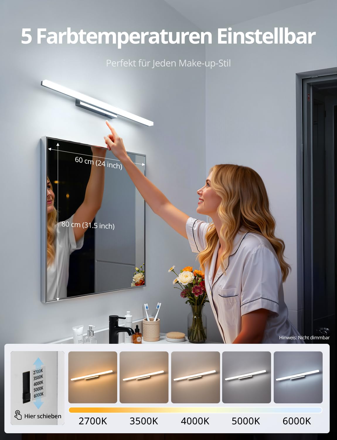 Combuh Spiegelleuchte Bad 60cm Spiegellampe Badezimmer LED Spiegelschrank Beleuchtung, Flexibeles Licht für Jeden Moment 5 Farbtemperaturen IP44 Lampe über Spiegel 230v Warmweiß Neutralweiss Kaltweiss