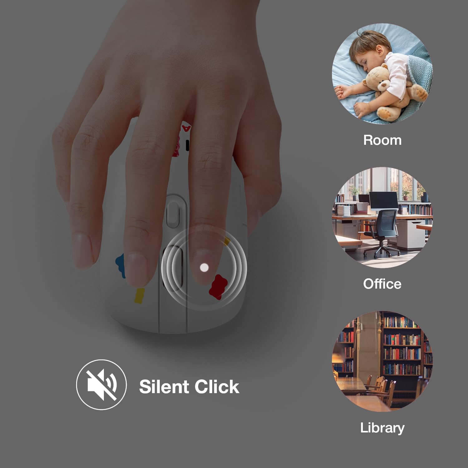 Hand on a white Haribo mouse with silent click icon and circles representing quiet environments like a room, office, and library