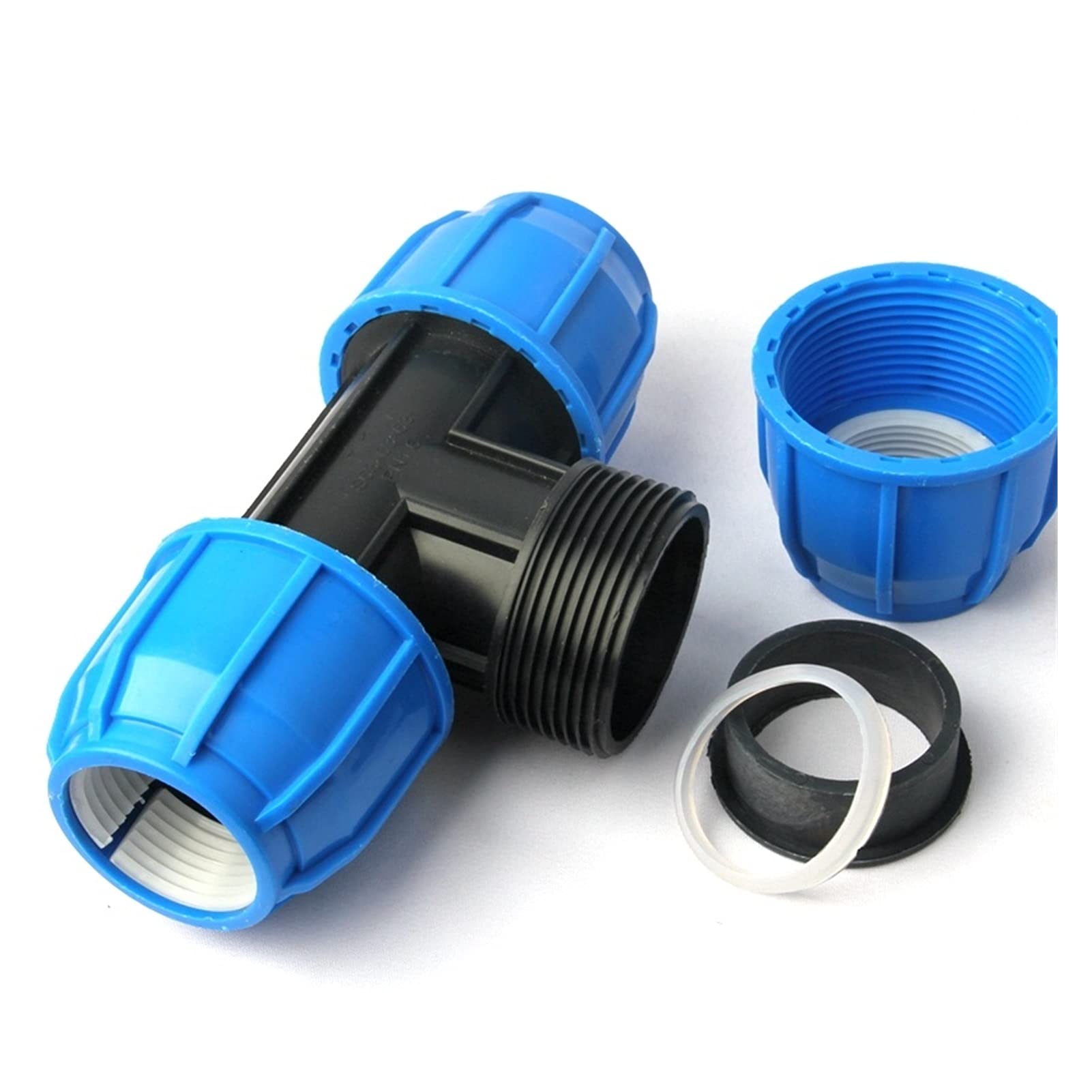 Manguera de jardín de cocina 1 50 mm 63mm Conector de camiseta de PE para el sistema de riego de invernadero agrícola Jardín Conector de tubería de tubería de agua Conector rápido
