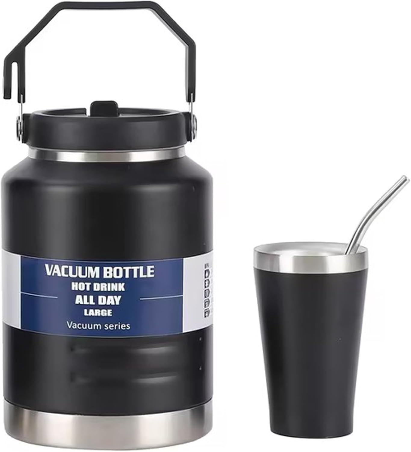 1.5 Gallon Large Insulated Water Bottle + Stainless Steel Cup, 50 oz, Black, 1500 ml Tumbler Jug, Insulated Container, Insulated Jar, 304 SS Thermal Mug, Leak-Proof, Hot/Cold for Sports Travel Gym