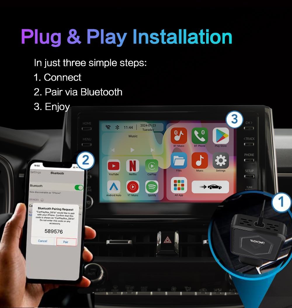Diagram showing the three simple steps for AIBOX CARPLAY Adapter installation: connect, pair via Bluetooth, and enjoy.
