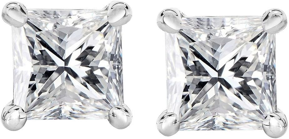 Bright White Princess Cut Diamond Stud Earrings Screw Back 14K White Gold (0.04ct, Color-FGH, Clarity-I3)