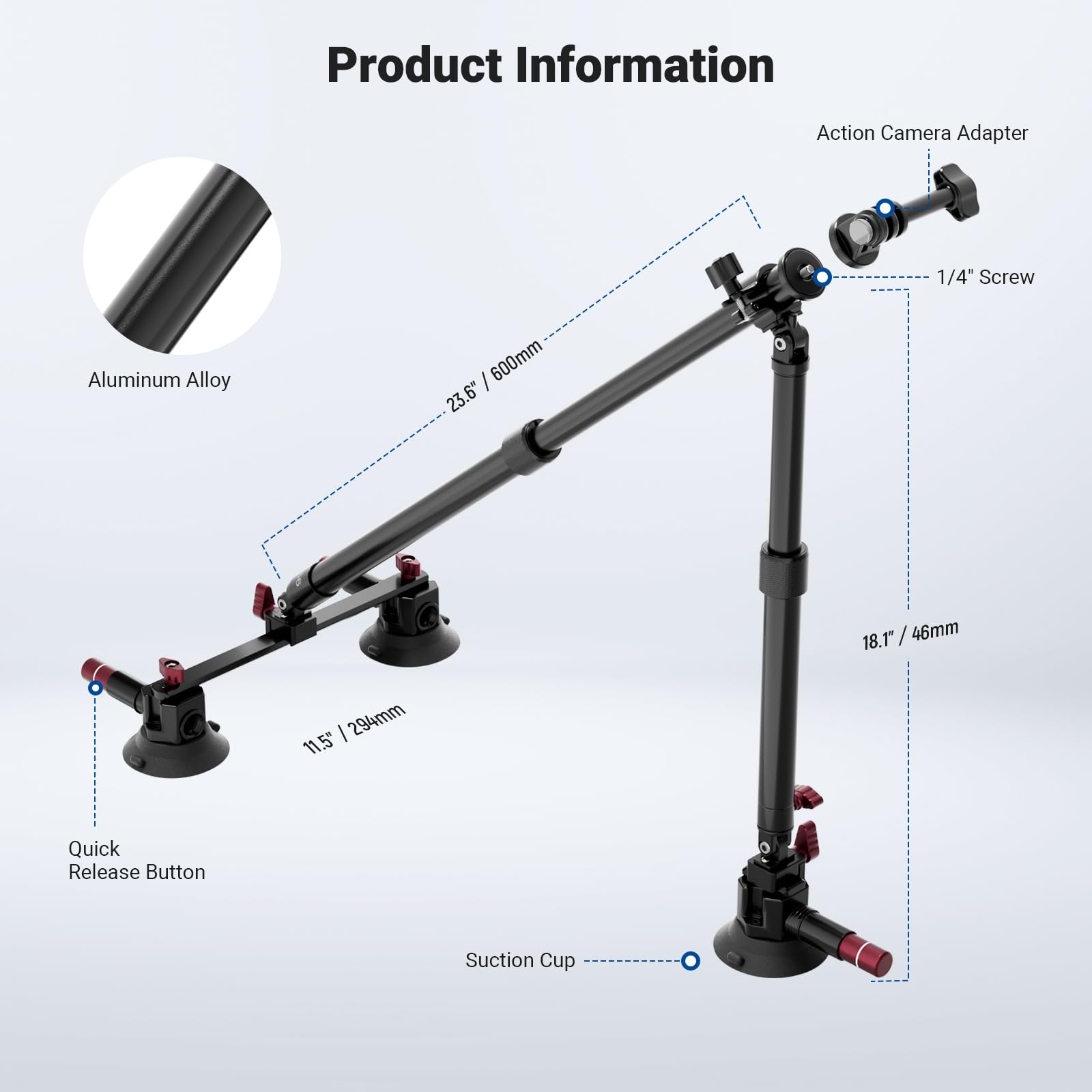 NEEWER Potrójny uchwyt z przyssawką, dwa drążki przedłużające ze stopu aluminium, szyna NATO, adapter kamery sportowej, kompatybilny z GoPro DJI Insta 360, maks. obciążenie 2,2 lb, CA166