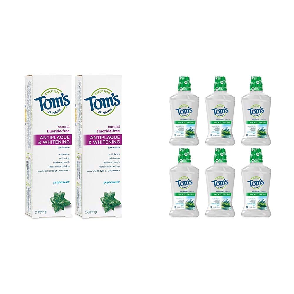 Tom's of Maine Fluoride-Free Antiplaque & Whitening Toothpaste, Whitening Toothpaste with Tom's of Maine Wicked Fresh! Mouthwash, Natural Mouthwash, Cool Mountain Mint, 16 Ounce, 6-Pack