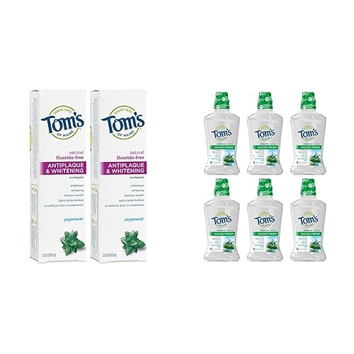 Tom's of Maine Pasta de dientes blanqueadora y antiplaca sin flúor, pasta de dientes blanqueadora con Tom's of Maine Wicked Fresh! Enjuague bucal,