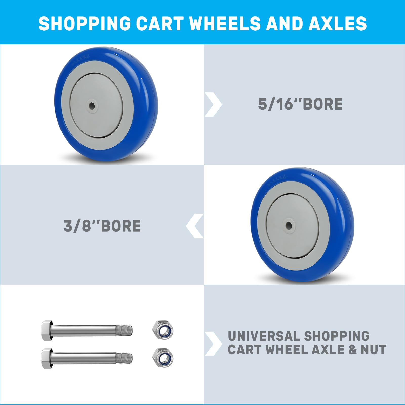 SY America - Kit di 4 ruote di ricambio per carrello della spesa da 12,7 cm, doppi cuscinetti di precisione, in poliuretano, capacità di carico 635 kg (foro da 5/16", blu)