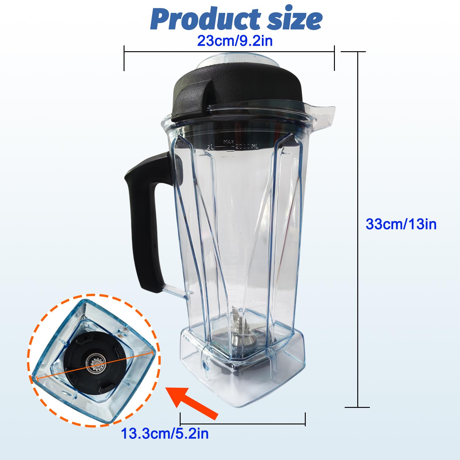 Mise à niveau pour carafe Vitamix 1,8 l, remplacement pour Vitamix 5200 5000 6500 7500 Pro500 750 Vita-Prep VM0101 VM0102 VM0103 VM0197 E310 320 Asymétrique 172 Conteneur Tasse avec 2 brosses de