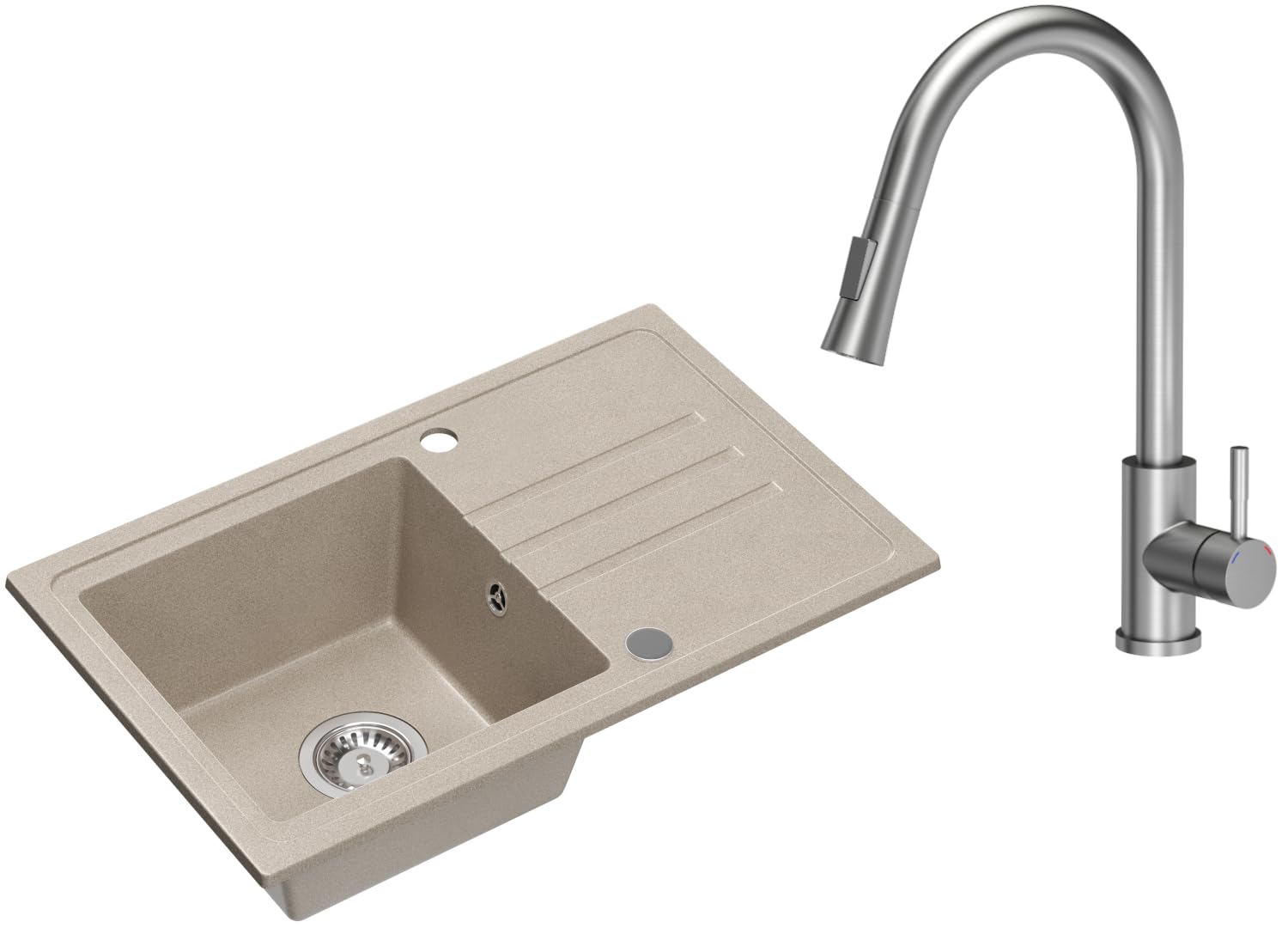 VBChome Fregadero de granito beige con grifo, 70 x 44 cm, empotrable, reversible, de granito, con caño extraíble, acero inoxidable