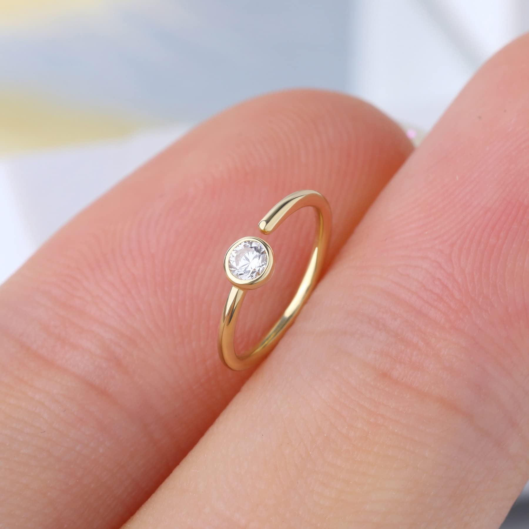 OUFER Aro de nariz de oro macizo de 9 quilates, circonita cúbica, calibre 20, sin costuras, abierto, para hélice, cartílago, rook, joyería corporal, regalo para mujeres y hombres, 8 mm