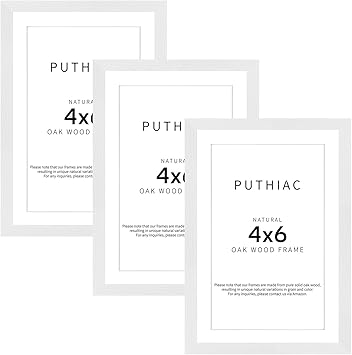puthiac 4x6 Oak Wood Picture Frame - 4"x6" Photo Frame, 4x6 Picture Frame Wood, Natural Solid Wooden Picture Frames for Wall Art Photo and Prints(3 Pack, White)
