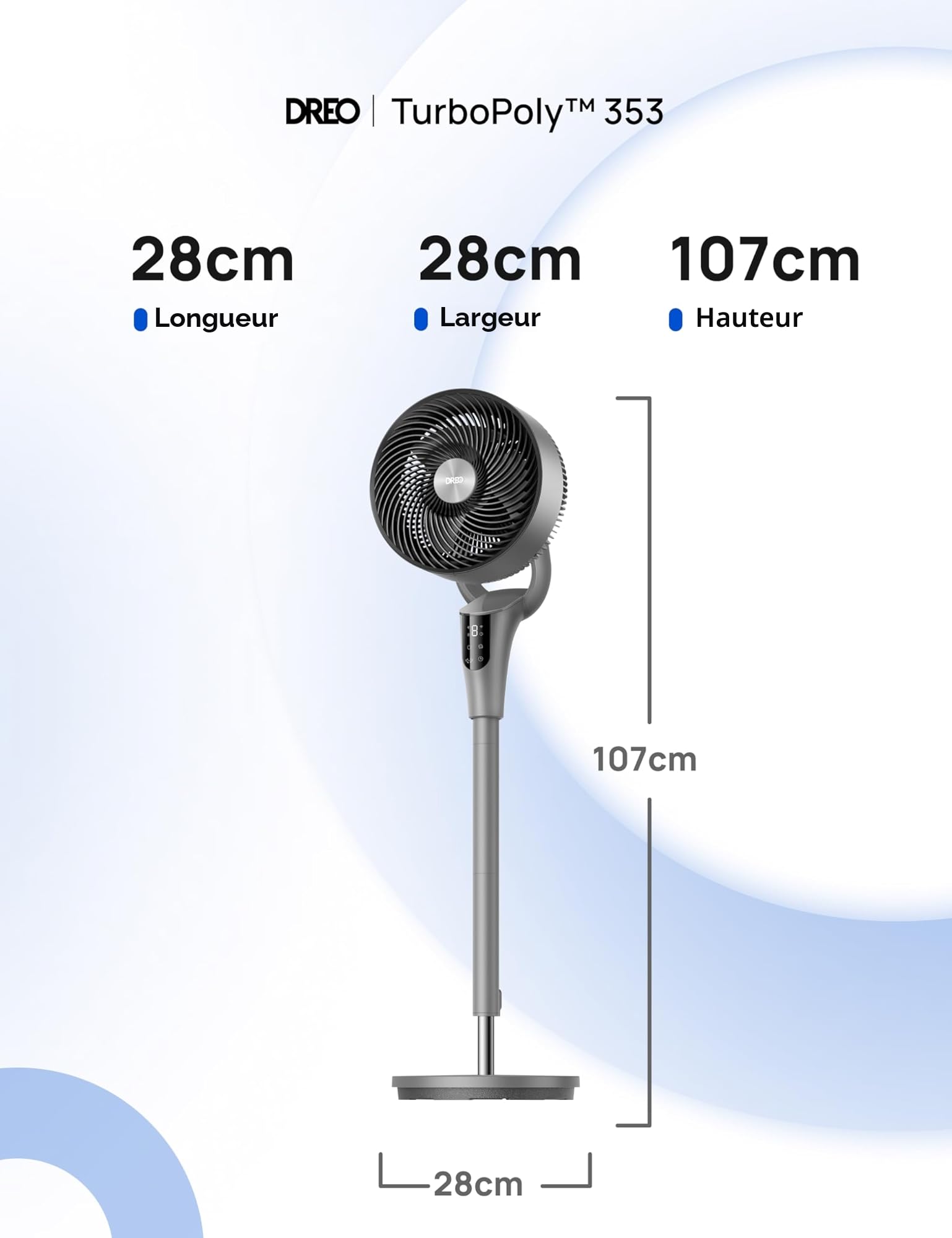 DREO Ventilateur sur Pied Silencieux pour Chambre [Amélioré], Flux d’Air 27m, 20dB, Oscillation 90°, Moteur DC, 8 Vitesses, 3 Modes, Hauteur 96–106 cm, Minuterie 8H, Inclinaison 105°