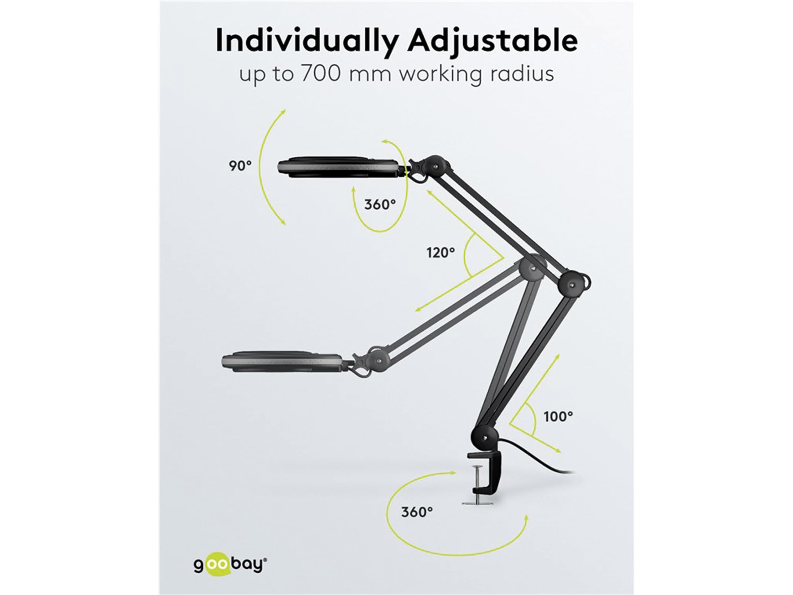 goobay 64989 Lámpara aumento LED 8W 650lm/ pinza/lente cristal 127mm 1,75 aumentos/lupa trabajo cosmética, soldadura, manualidades, leer/brazo doble articulación/lámpara sobremesa