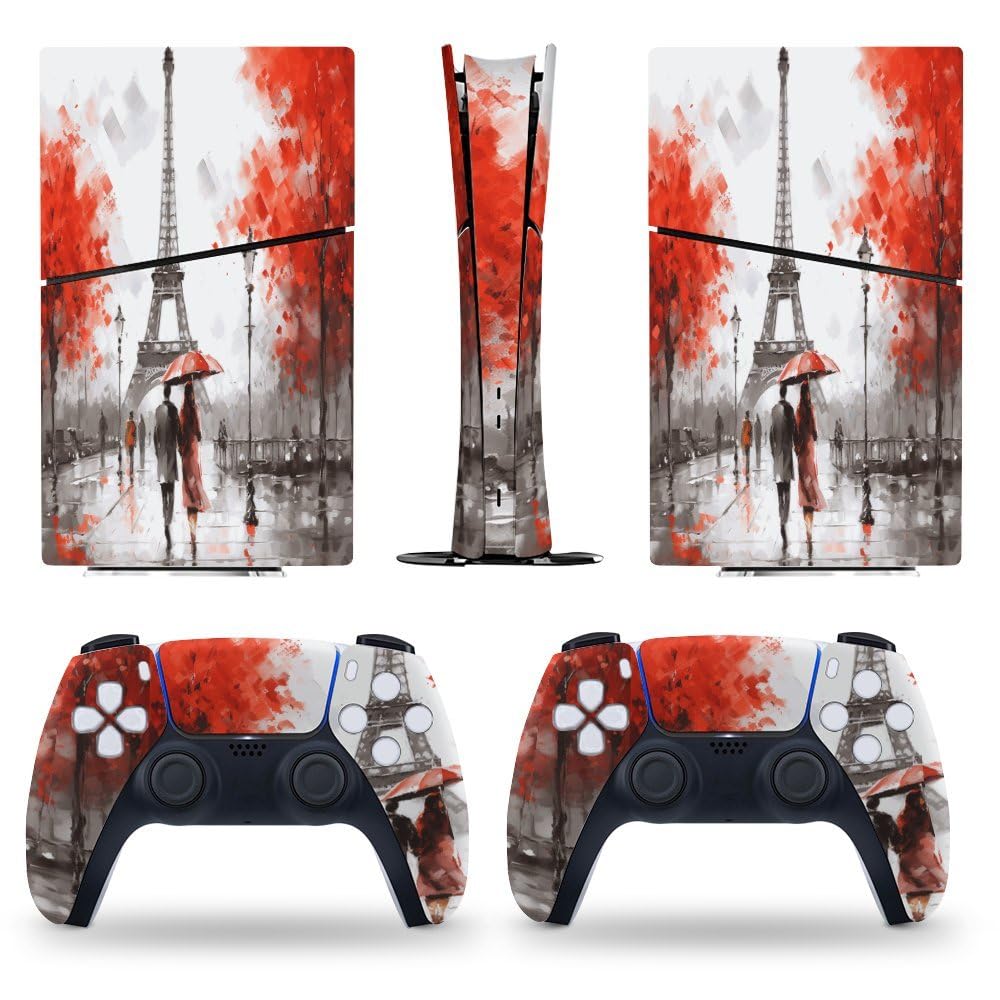 Sticker Skin for PS5 Slim Digital Edition Red Eiffel Tower Lovers Paris Skin Console Controller Accessories Cover Skins Anime Vinyl Cover Sticker Full Set for Playstation5 Slim Digita Edition