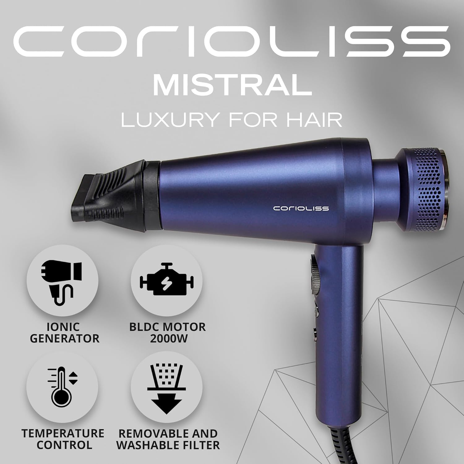 Corioliss Mistral Professioneller Haartrockner 2000W mit BLDC Motor, Ionischer Föhn Anti-Frizz, Leicht und Leise, mit Diffusor und 2 Stylingdüsen für Salonergebnis Zuhause