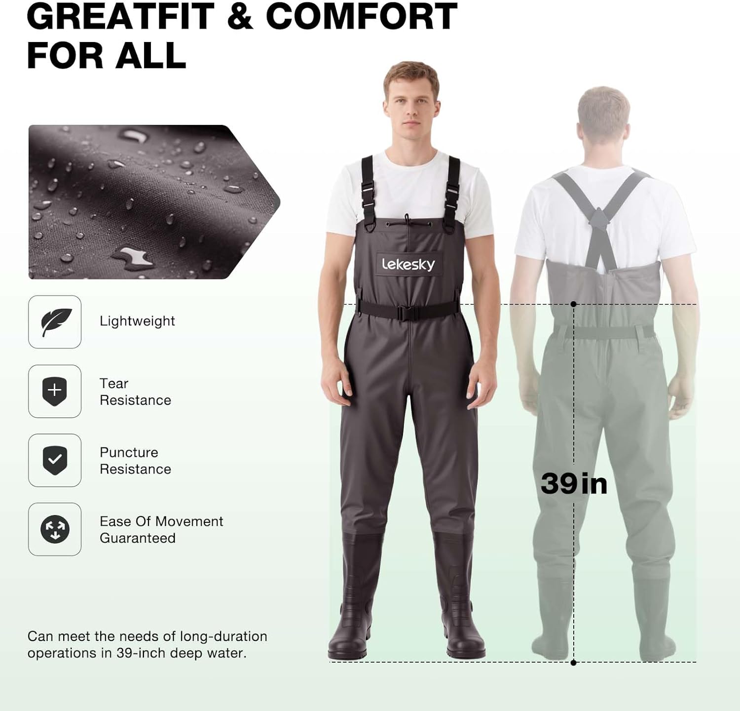 Lekesky Unisex Fishing Waders 2-Ply Nylon/PVC Chest Waders for Men, Waterproof Fishing Hunting Waders