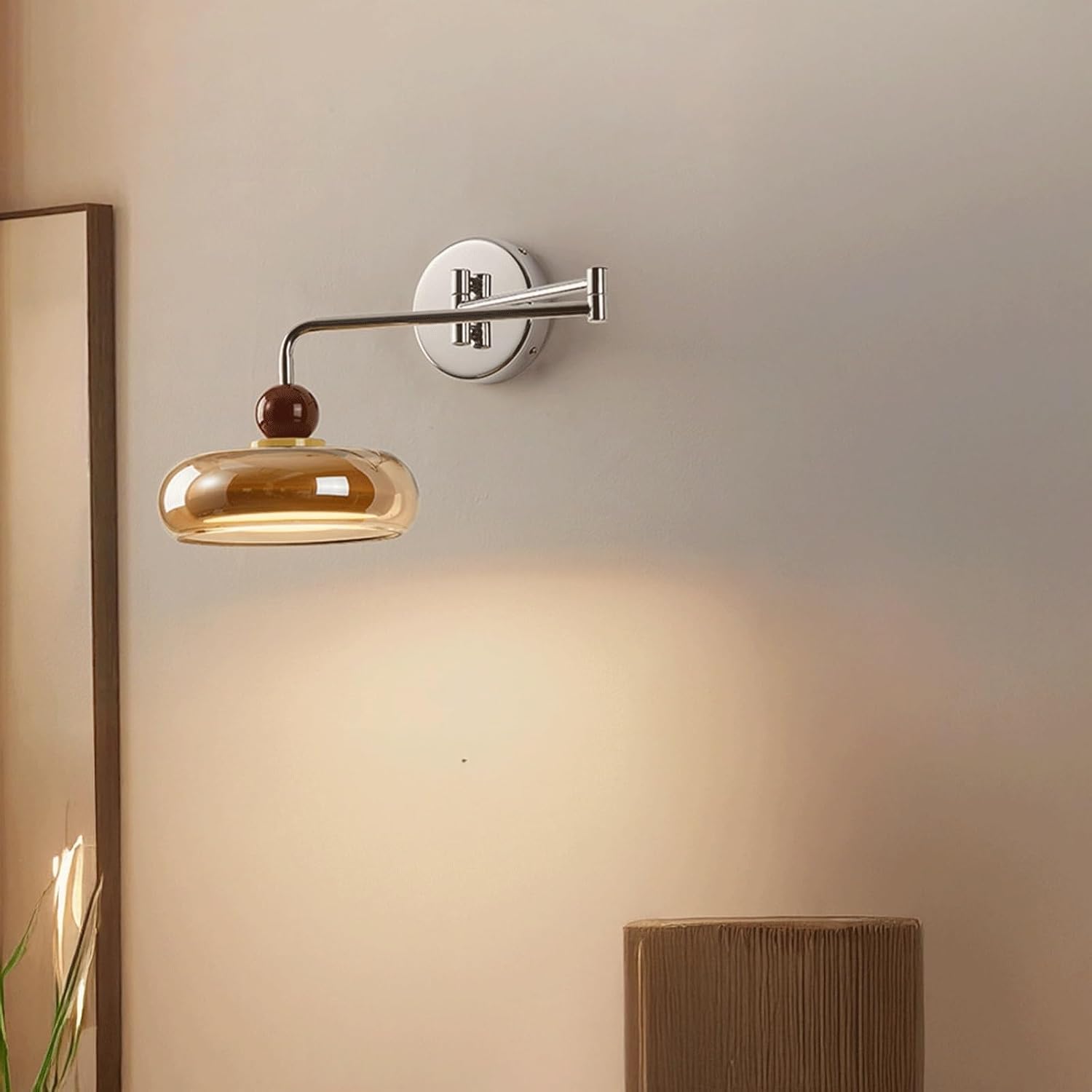 Modern Minimalist LED Swing Arm Wall Sconce Full Spectrum Three Color Dimmable High CRI Eye Care Amber Glass Shade Chrome Finish Adjustable Reading Light for Bedroom Study Living Room