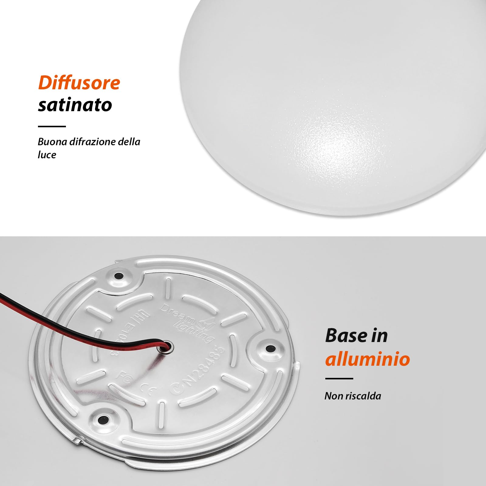 Dream Lighting Plafoniera LED 12V Auto Camper Barca 114mm Tondo Lampada Bianco Caldo