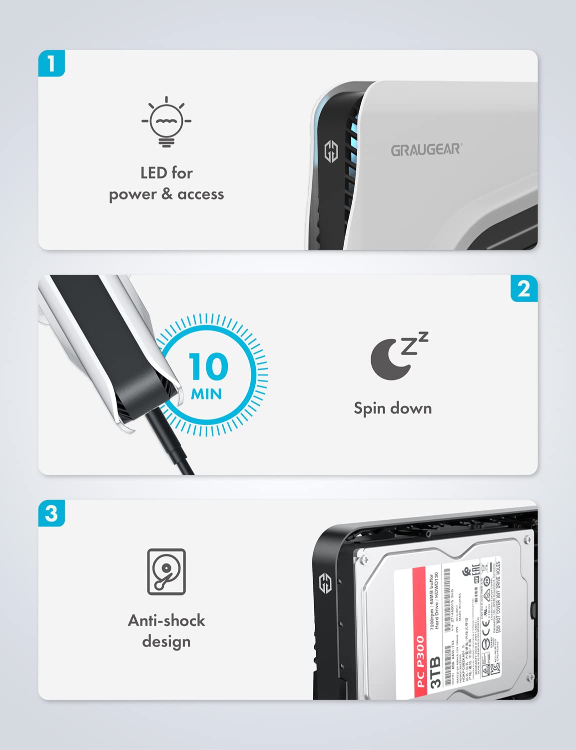 GRAUGEAR | Boîtier de Disque Dur externe | SATA 3,5" | USB 3.2 Gen2 | Connecteur USB Type-C | Transfert de données jusqu'à 10 Gbit/s | USB-A | USB-C | Gaming | Boîtier de Disque Dur pour PS5 Gamer