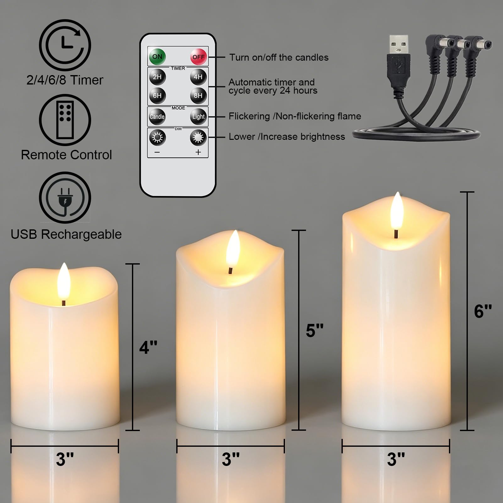 Candele ricaricabili senza fiamma, a batteria, con telecomando e timer, candele a LED tremolanti, alimentate tramite USB, stoppino 3D bianco, in vera cera, set di 3 decorazioni per cene