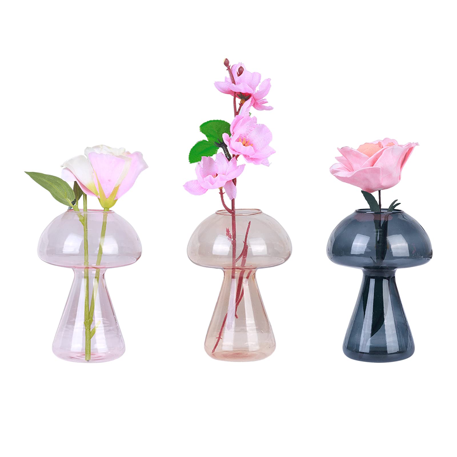 NMFIN Mushroom Glass Vase Decoration,3 PCS Lovely Mushroom Plant Flowerpot,Home Tabletop Plant Hydroponic Container,Applicable to Family,Living Room,Dining Room,Flower Shop,Office