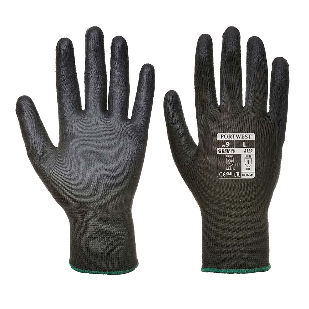 Portwest A129 Gant enduit paume Polyuréthane Jauge 13 Respirant | Noir, S, EN 388 (3131X), EN ISO 21420 Dextérité 5, Revêtement en PU Lisse, Doublure Respirante, Coupe Ajustée, Construction
