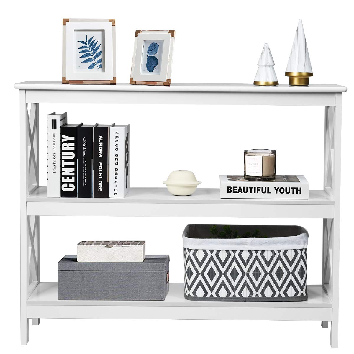 GOPLUS Consola de 3 Pisos, Mesa Estrecha de Pasillo, Mesa Auxiliar de Madera, Estable con Barra de Apoyo Lateral en Forma de X, Estilo rústico, barnizada y fácil de Limpiar, para Pasillo, salón