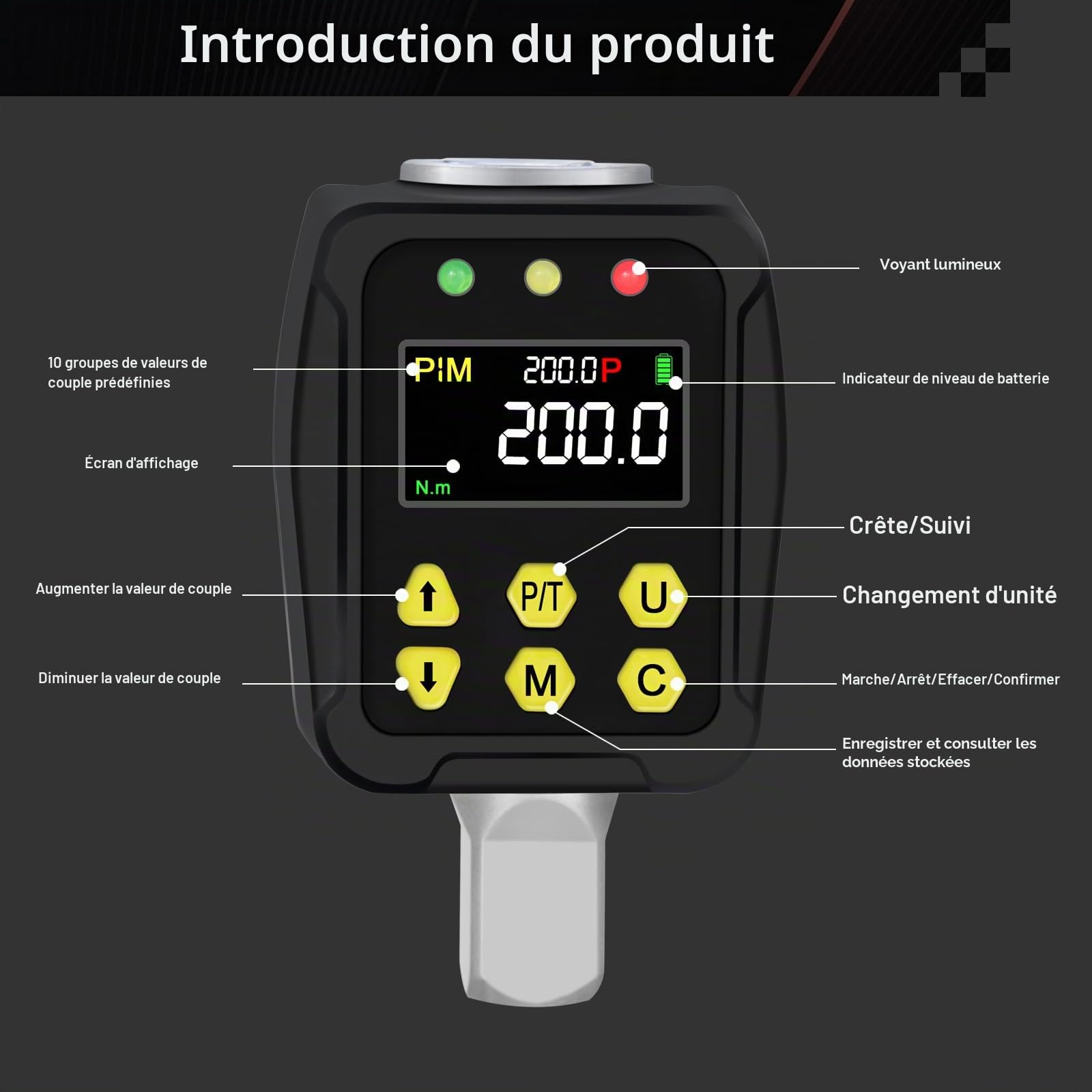 Adaptateur Dynamométrique Numérique 1/2" 10-200 Nm, Clé Dynamométrique Numérique avec Écran LCD, Mode PEAK/TRACK, Buzzer et Affichage LED, Précision d'Erreur ±2% pour Voiture, Vélo, Moto