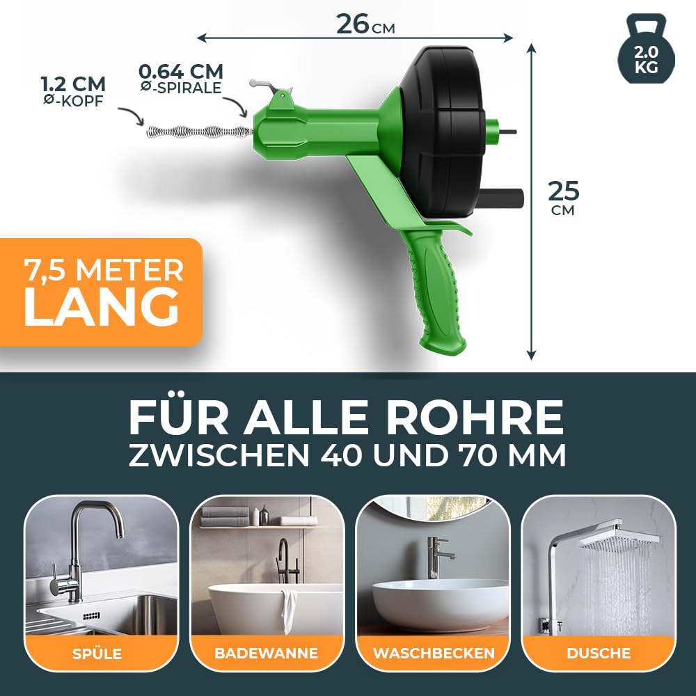 Meisterfaktur Rohrreinigungsspirale [7,5m] - Automatik - Extra lange Abflussspirale mit Bohraufsatz - Die Rohrspirale für echte Heimwerker! (7,5M - 0,64CM)