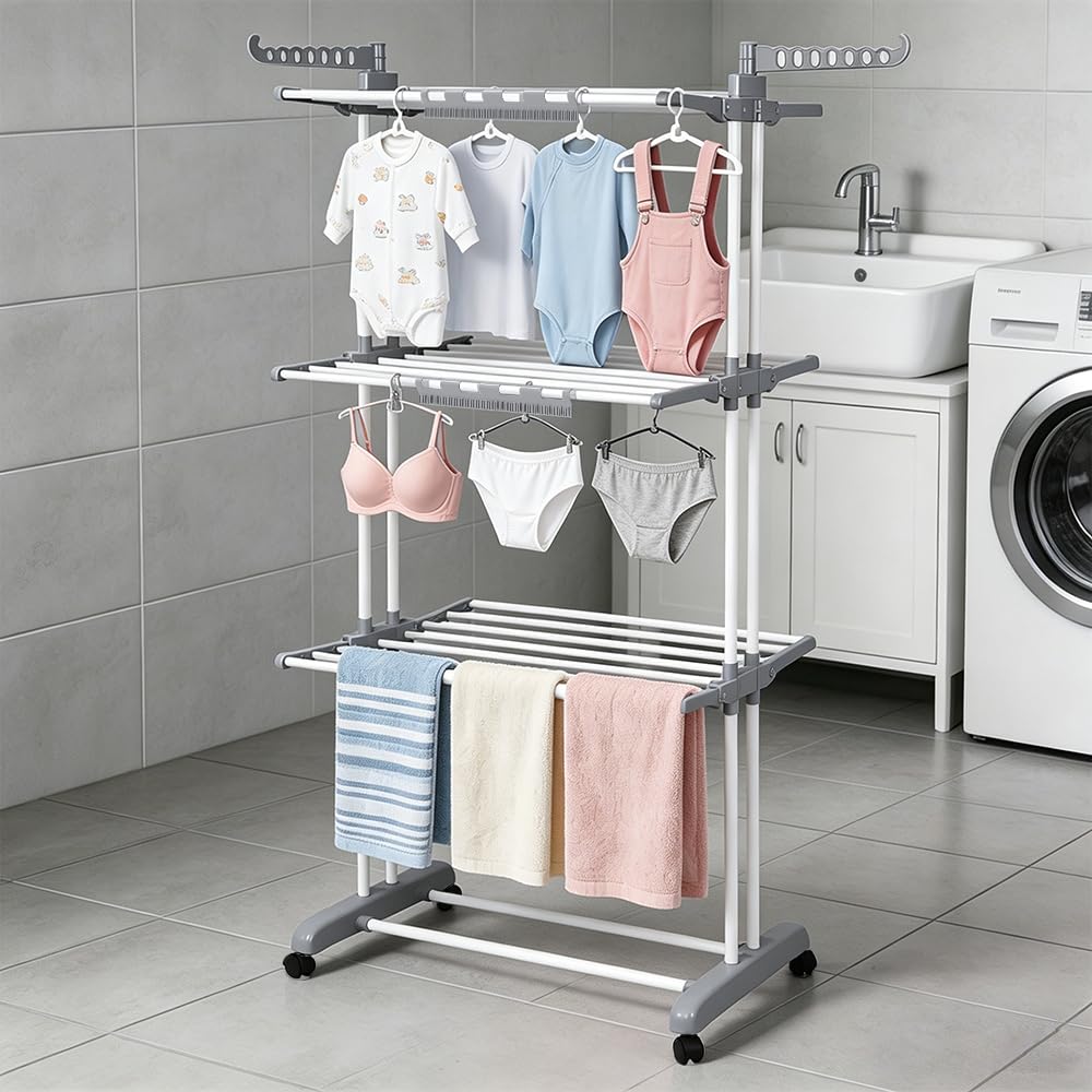 Kedia Stendibiancheria pieghevole con 3 serre, stendibiancheria, interno ed esterno, 75 x 64 x 170 cm (grigio + bianco)