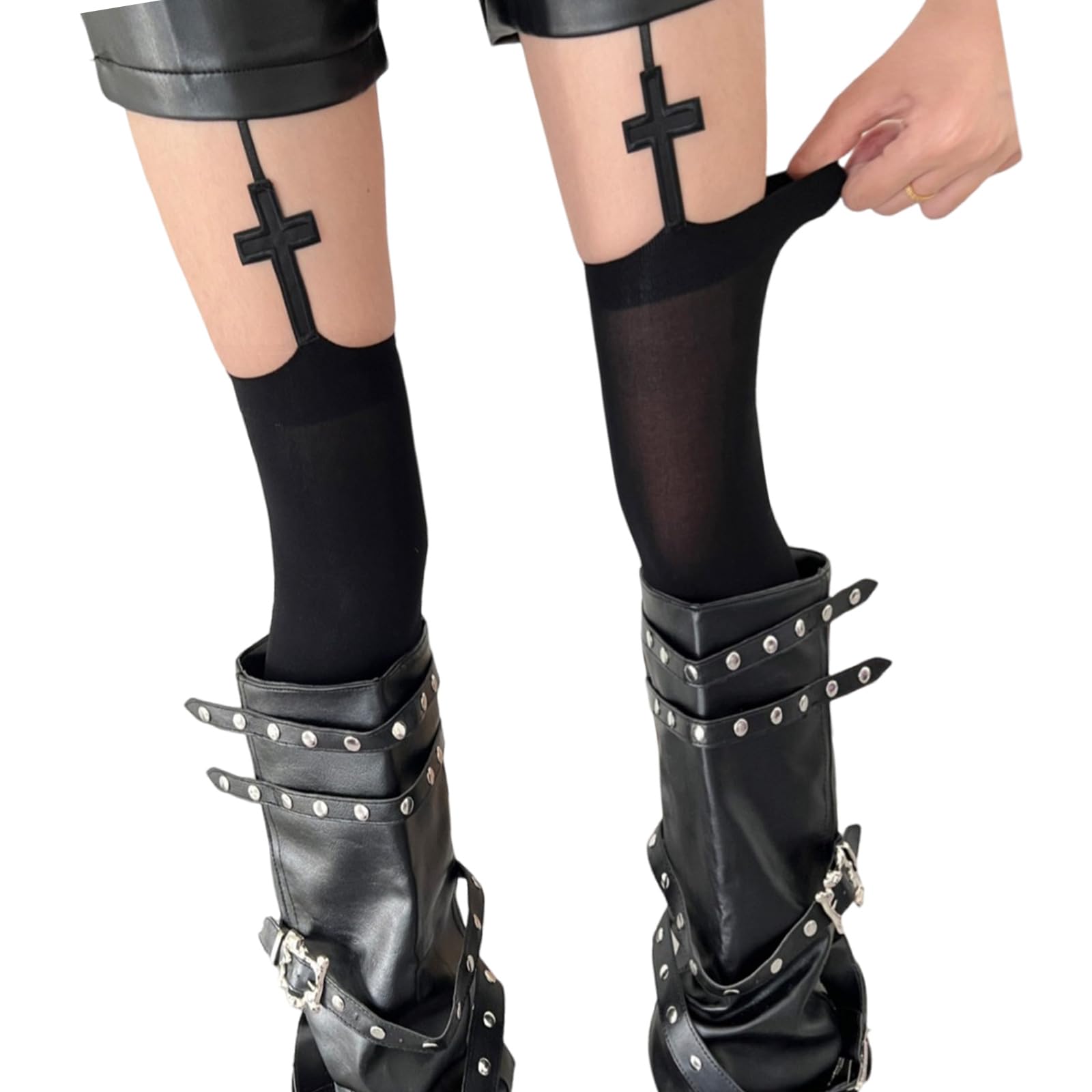 Women Punk Garter Belt Pantyhose Crosses Strappy Suspender Tights Hollowout Thigh High Stockings Party Wear Hosiery Dark Alternative Fashion Women's Hosiery
