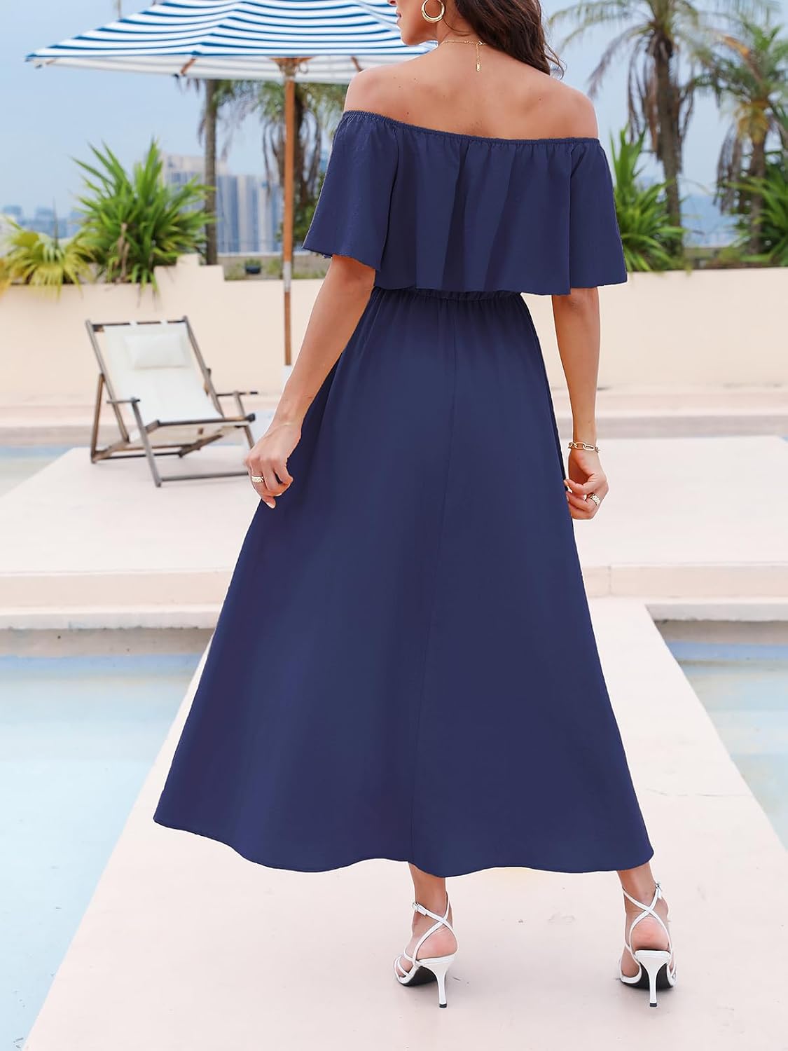  Womens Ruffle Floral Maxi Summer Dress Off Shoulder Beach Dress | Tube neck Short sleeve, Backless Flounce bodice, Elastic waist Side slit Hem, Casual Vacation Wedding Guest Resort Wear thumbnail
