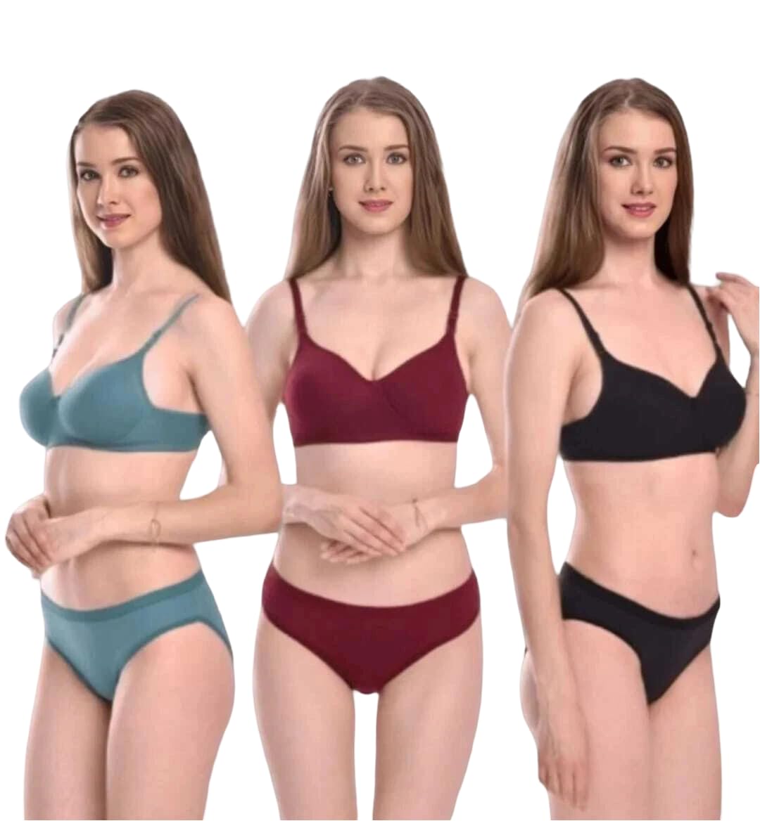 Set of 3 Women's Cotton Solid Non Padded Bra & Panty Set | Sexy Lingerie Set for Bridal | Honeymoon Bikini Set for Girls & Women - Adjustable Straps (P)-image-12