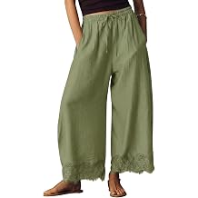 EXLURA Women Cotton Lace Trim Wide Leg Pants Summer Casual Cropped Drawstring Elastic Waist Lightweight Trousers with Pockets