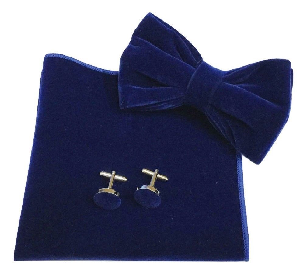 L&L® Men's Classic Velvet Bow Tie + Pocket Square Hanky + Cuff links Set UK (Royal blue)