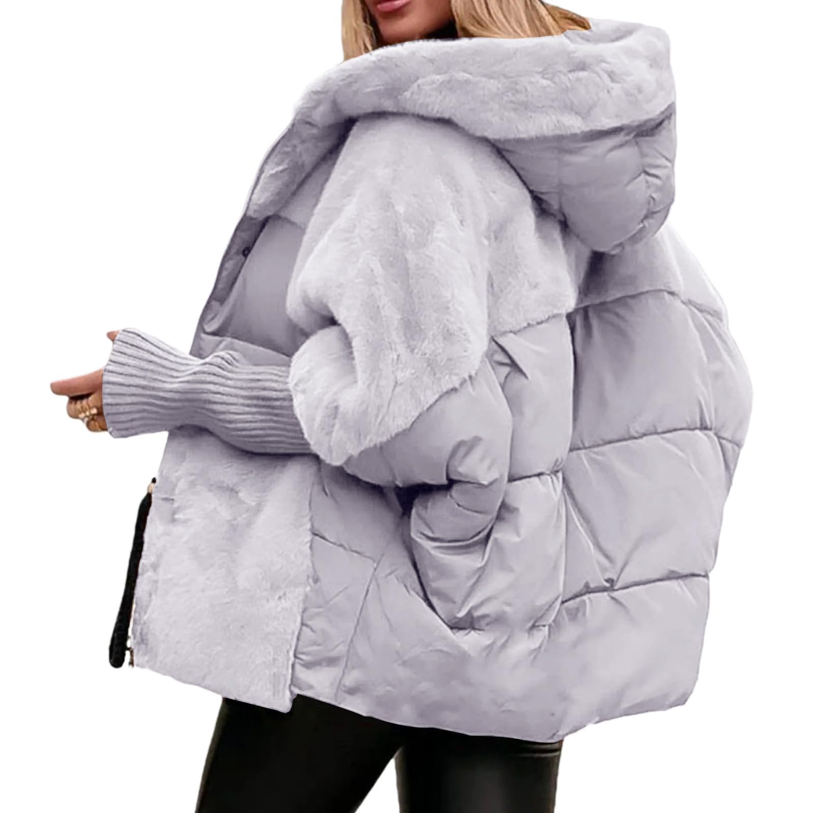 Generisch Oversized damska pikowana kurtka z kapturem, patchworkowy design, watowana, lekka i ciepła, odzież zimowa zimowa damska miś