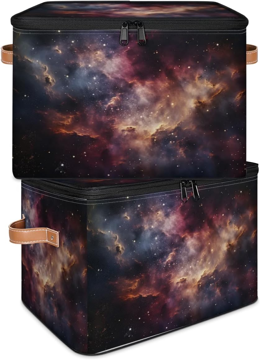 Storage Bin Set of 2 Galaxy Sky Storage Basket with Zipper Lid & Handle Foldable Closet Shelf 2 Pack Cloth Organizer Basket Cube Bins Clothes Organizer for Bedroom, Nursery