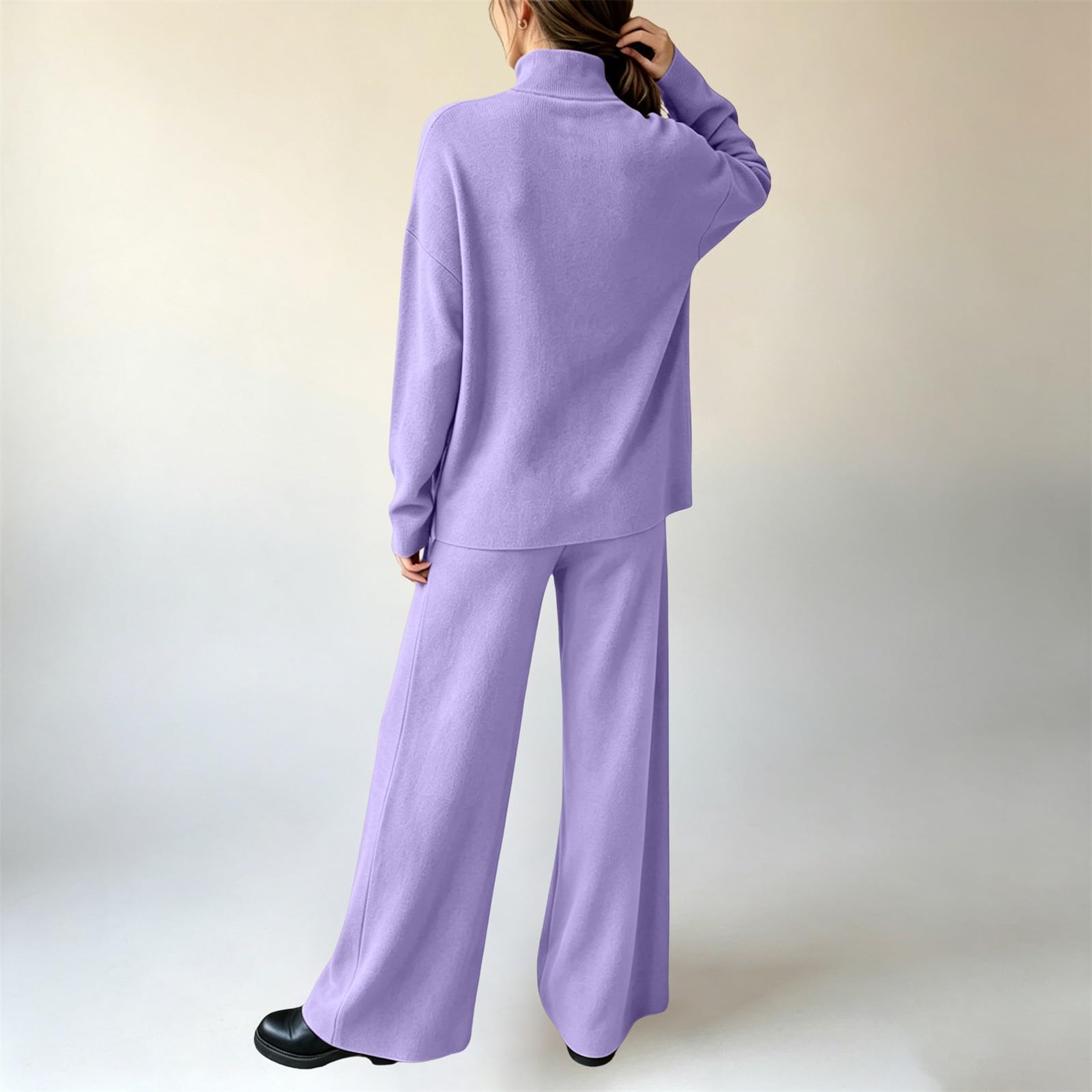 Set da donna in due pezzi, elegante, 2 pezzi, pantaloni lunghi ed eleganti | Maglia a collo alto, tinta unita, con pantaloni dritti, tuta per il tempo libero, morbida e confortevole, tinta unita