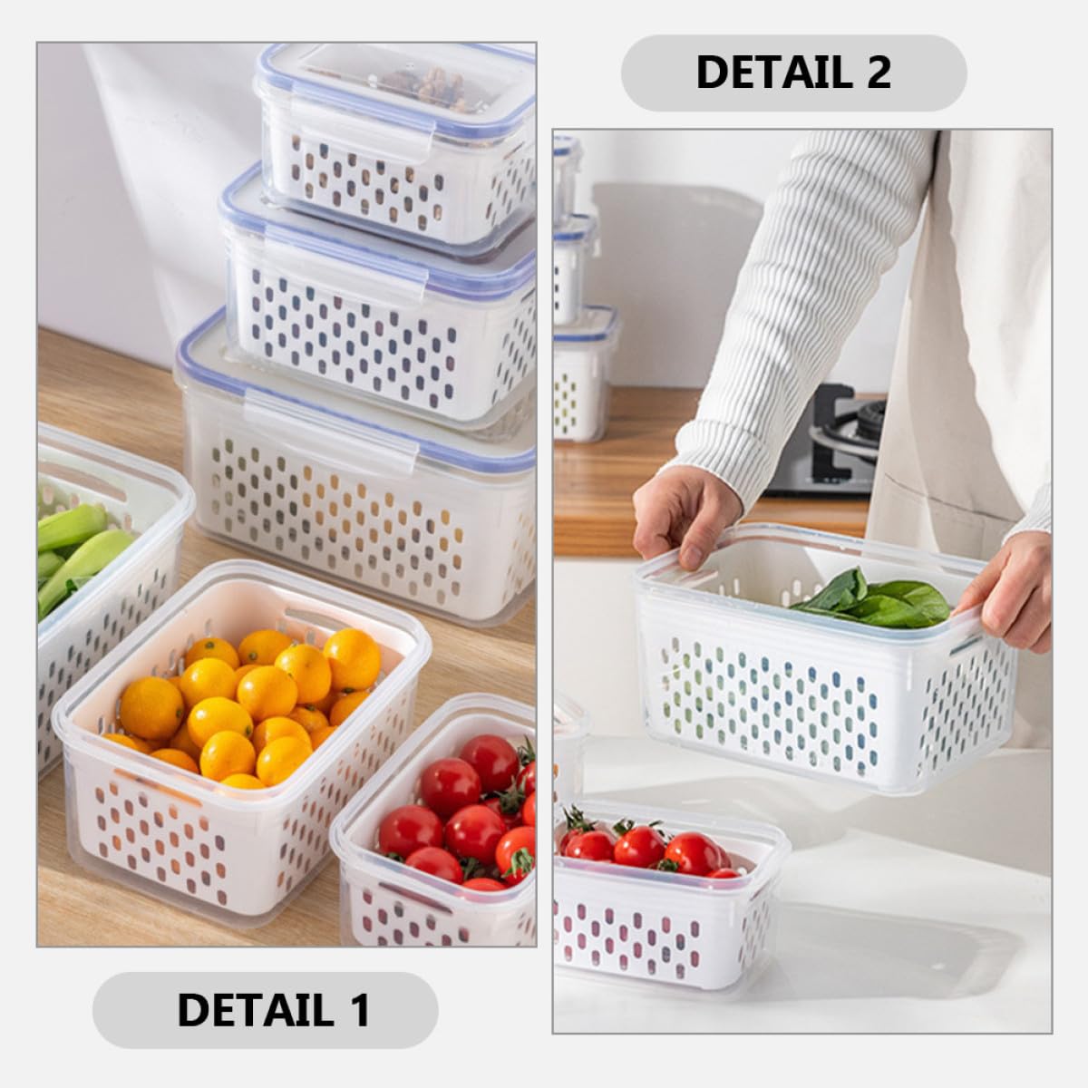 SHINEOFI Contenedores de Alimentos Rectangulares 3 Piezas Transparentes con Tapa y Cesta Escurridora Desmontable para Refrigerador, Cajas Herméticas para Frutas y Verduras, Almacenamiento
