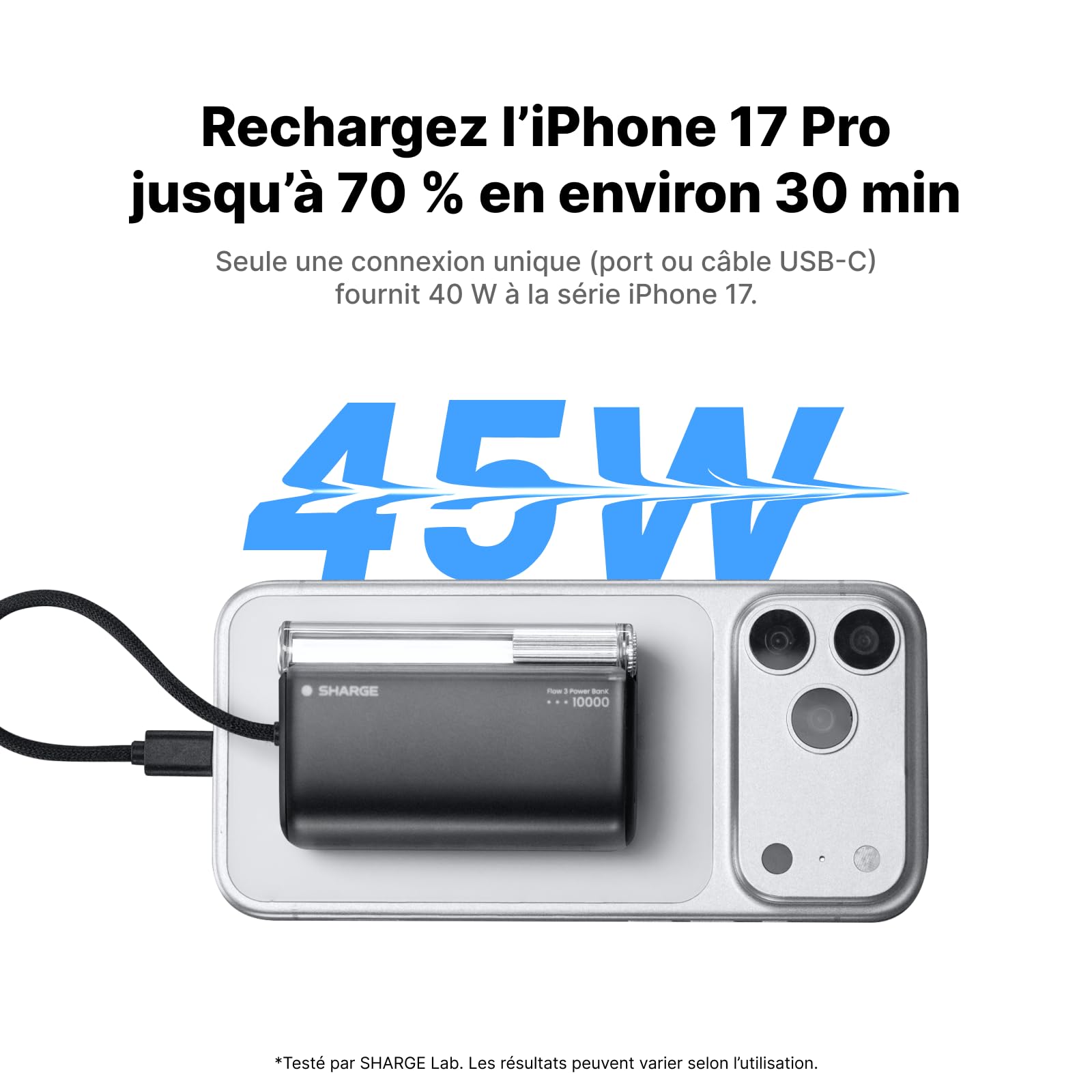 SHARGE 45W Batterie Externe Petit 10000mAh avec Cable Intégré Charge Rapide