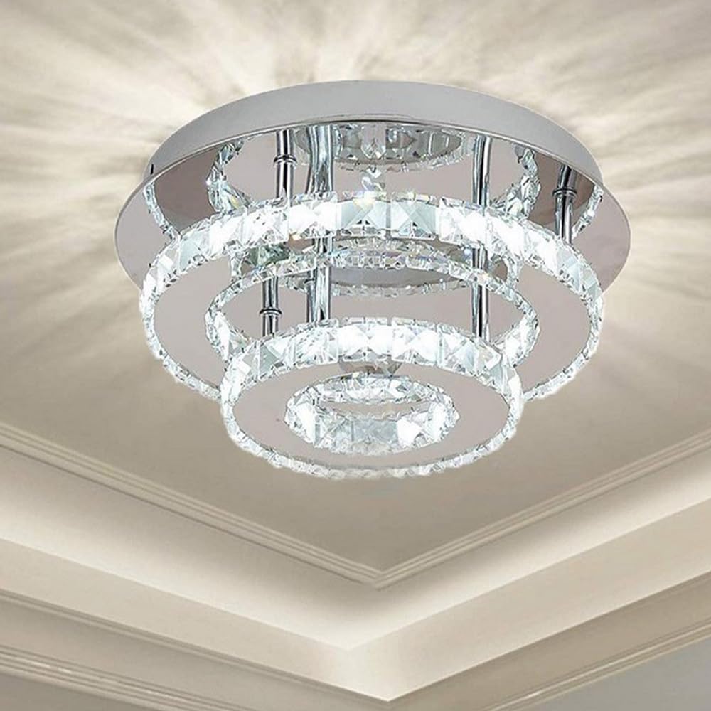 LED-Deckenleuchte 36W Moderne LED Kristall Deckenlampe Rund Edelstahl Kronleuchter für Wohnzimmer Esszimmer Schlafzimmer Badezimmer, Ø30 cm