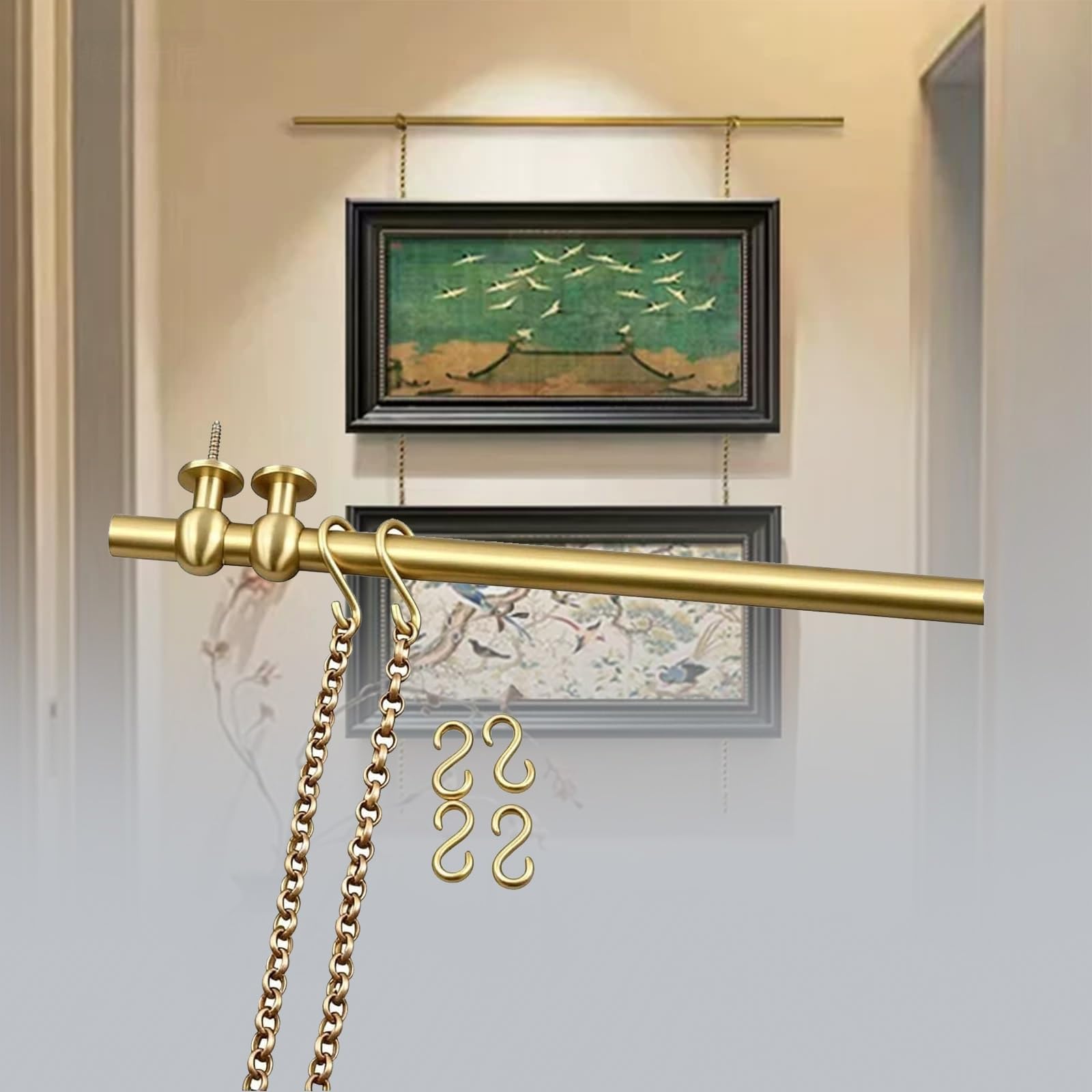 Xxbbyubo Picture Rail Hanging System, Gold Brass Gallery Rail System for Art and Photos, Indoor Art Picture Hanging Track and Photo Display Rod, Vintage Style(70cm Rod)