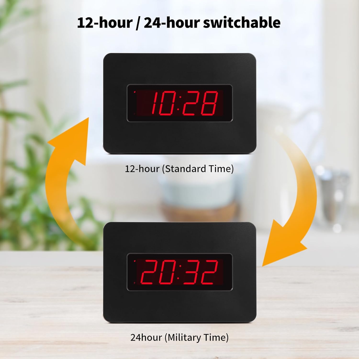 Digital Wall Clock Battery Operated with LED Display, Wall Clock with Backlight, Table-top, Alarm, Brightness Adjustable,12/24Hr