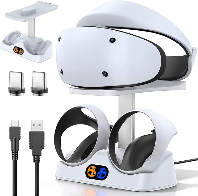 Controller Charging Dock for VR2, for 2 Charging Station Stand with VR Headset Holder Stand, LED Indicator, 2 Magnetic Clasp, Type C Cable, White