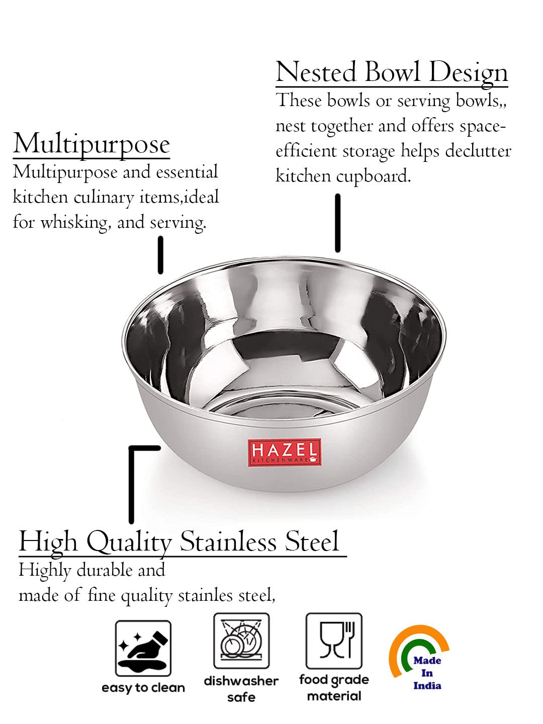 HAZEL Stainless Steel Bowl Set | 200 ml SS Katori for Kitchen & Serving | Dinner Wati Bowls for Snacks, Chutney, Curry | Set of 4 2