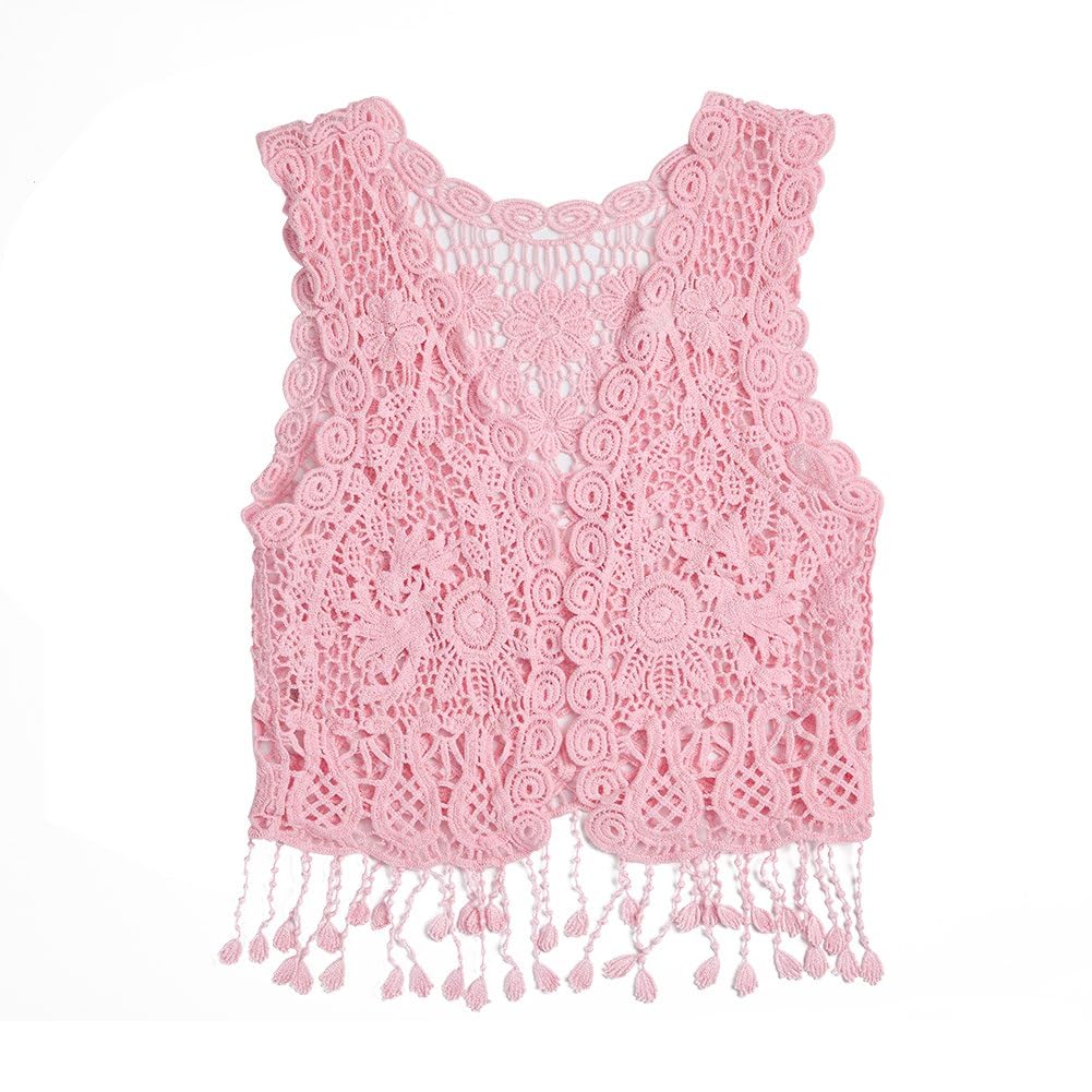 Girls Crochet Vest Cardigan with Fringe V-Neck Sleeveless Boho Vest Hollow Out Cardigan