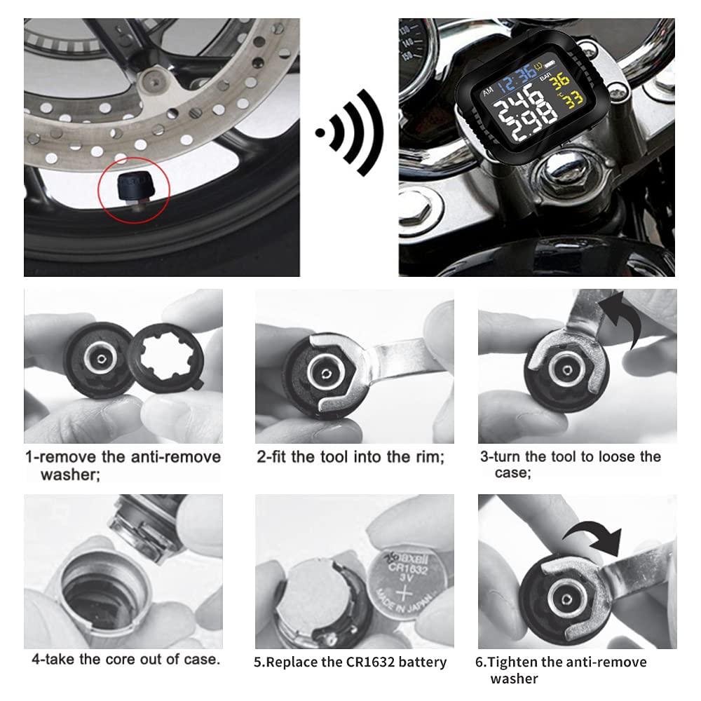 Monitoraggio della pressione dei pneumatici per moto, ricarica USB, sistema di monitoraggio TPMS con 2 sensori esterni, riflettono i dati in tempo reale per bicicletta e mountain bike