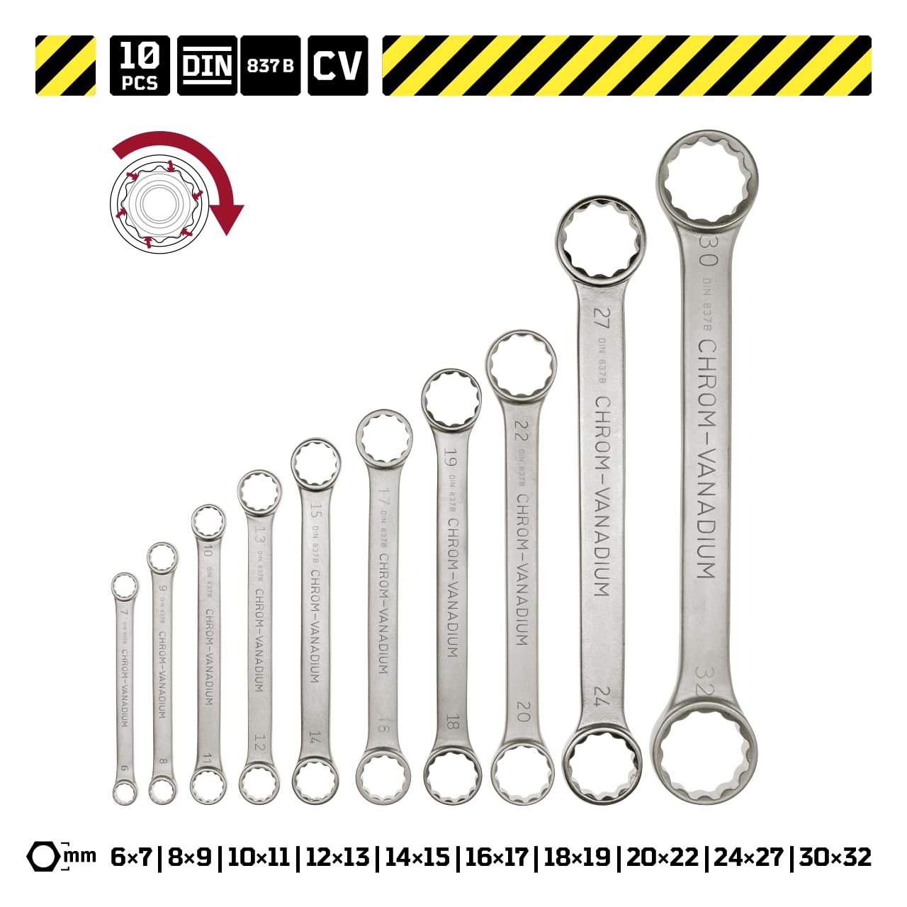 Juego de llaves combinadas rectas y extraplanas en bolsa de herramientas | Juego de llaves de doble anillo de 10 piezas 6-32 mm | Juego de llaves para automóviles de WGB