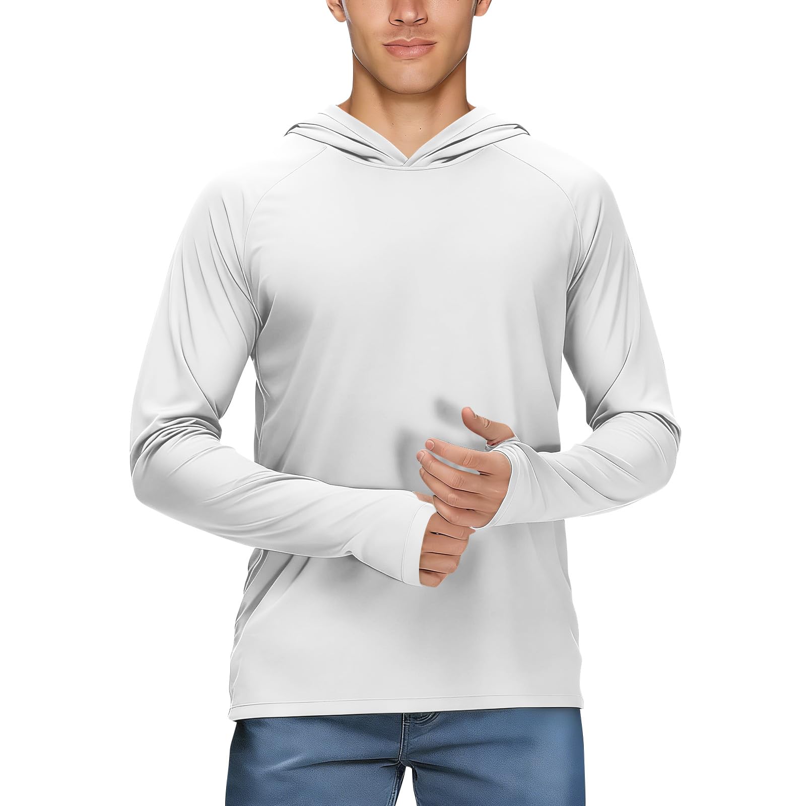 UPF 50+ Men Sun Shirt SPF Men Hoodie Built-in Mask Long Sleeve Quick Dry Tops Breathable No Mask Solid Lightweight Fishing Hunting White L